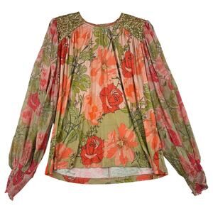 Blank London Anthropologie Blouse Top Size S Floral Sequin Metallic Puff Sleeve